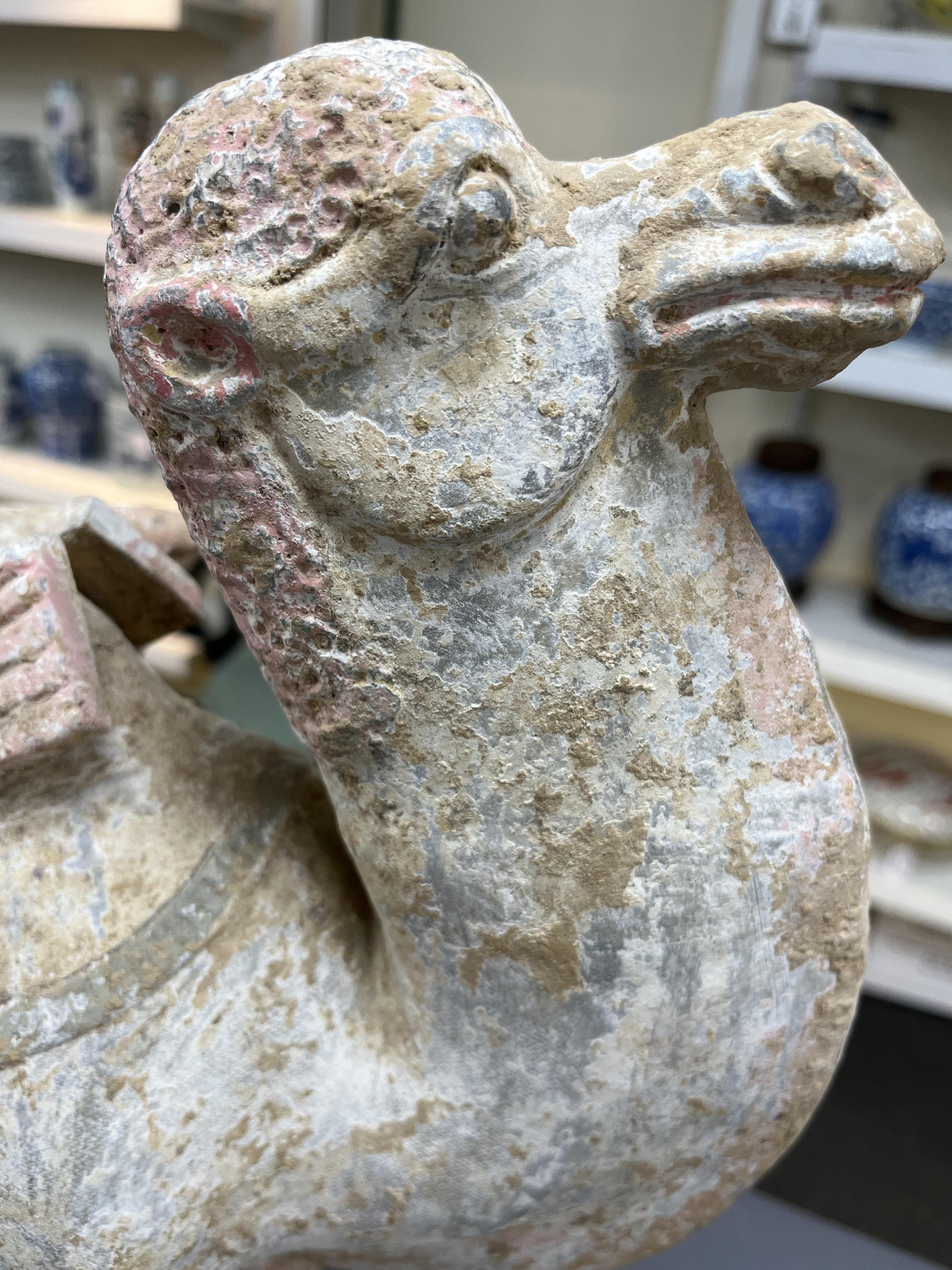 A Chinese pottery tomb figure of a Bactrian camel, Tang dynasty or later